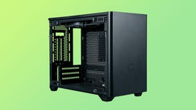 the cooler master nr200p, a small form factor (mini itx) PC case shown in a black colour scheme with the side panels removed.