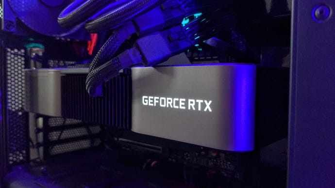 An Nvidia GeForce RTX 3090 Founders Edition, installed in a PC.