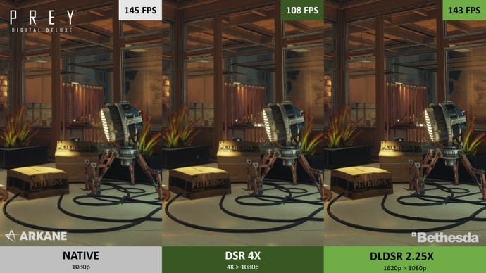 A side-by-side comparison image showing Prey running at native 1080p, versus with Nvidia DSR and DLDSR.