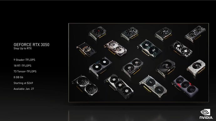 A collage of RTX 3050 partner cards, next to the GPU's main specs.