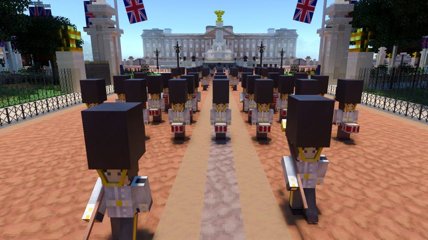 Guards on Pall Mall with Buckingham Palace in the NVIDIA Jubilee Street Party built within Minecraft (c) NVIDIA