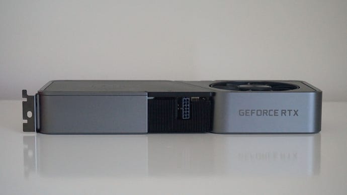 A photo of Nvidia's GeForce RTX 3070 Ti Founders Edition graphics card from the side