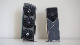 The Nvidia RTX 3080 and RTX 3080 Ti graphics cards side by side on a table