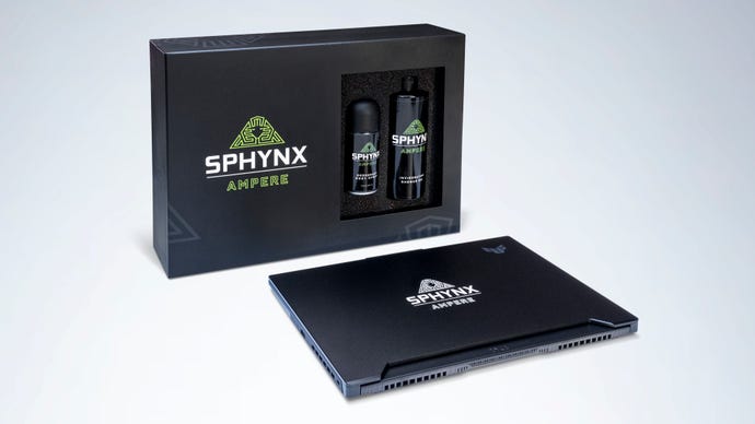 A photo of Nvidia Sphynx Ampere-branded deodorant and shower gel alongside a closed gaming laptop.