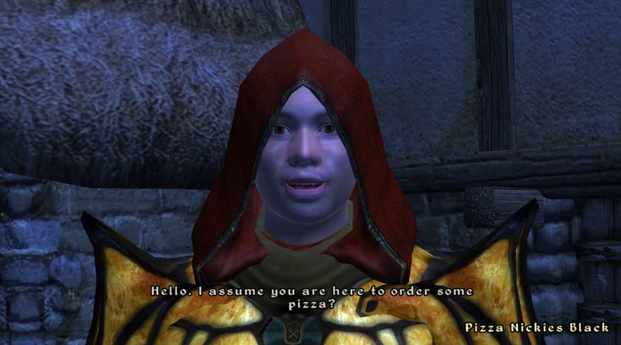 An NPC in a pizza outfit in Elder Scrolls IV: Oblivion says to the player, "Hello. I assume you are here to order some pizza?"