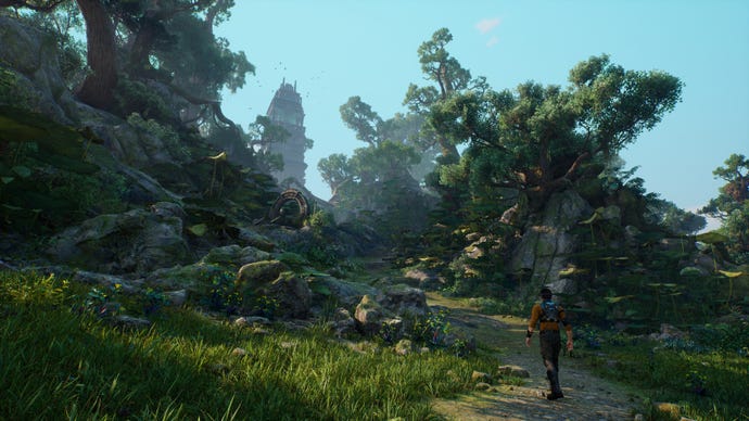 Outcast: A New Beginning's Cutter Slade approaching a pretty wind temple.