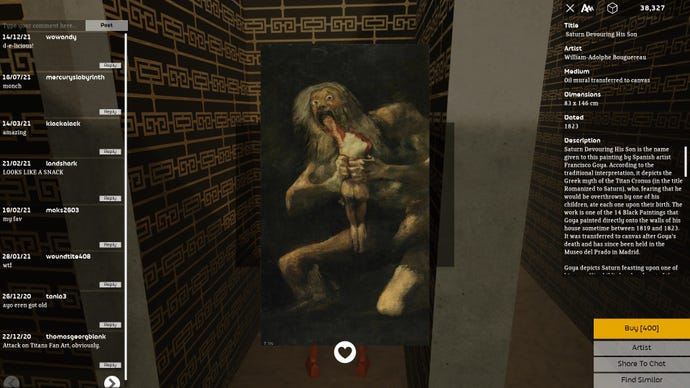 A painting of a titan eating a human. It's mouth is open and eyes are wide