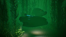 A colossal crocodile lurks behing a submarine in an Oceanfall screenshot.