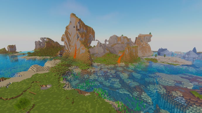 Krajobraz Minecraft Extreme Hills otoczony wodą, z dwoma lavafallami wyleczonymi z klifów