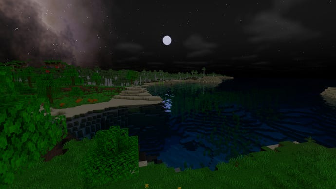 A Minecraft ocean coast at night.