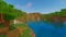 A screenshot of a river in Minecraft, with some trees on either side of the bank and a hill in the distance, taken using Oceano shaders.