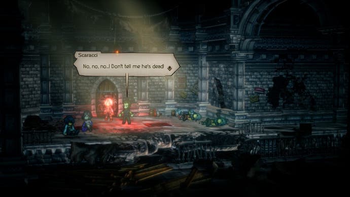 Octopath Traveller 2 - Scaracci discovers someone is dead in a dim dungeon room