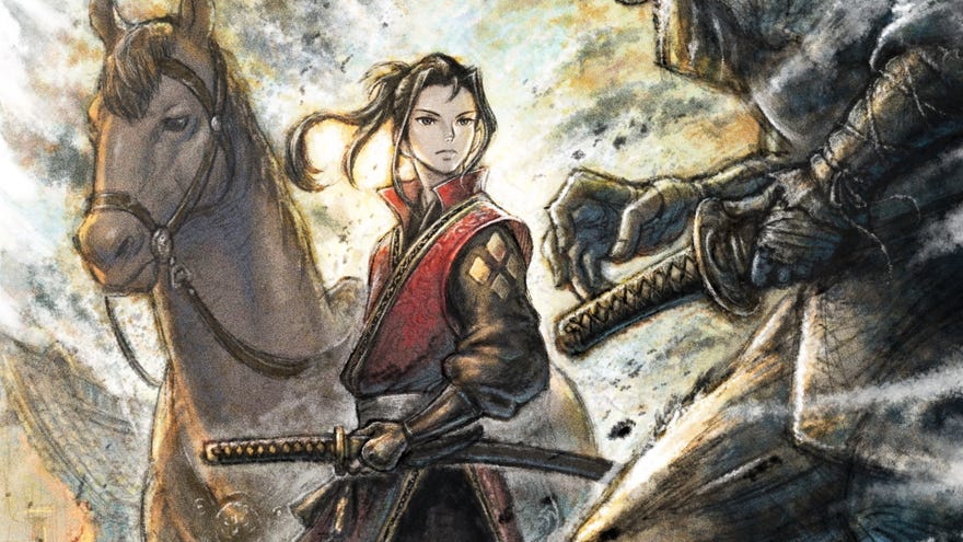 A samurai stands next to a horse as a warrior rushes toward them in artwork for Octopath Traveler 2.