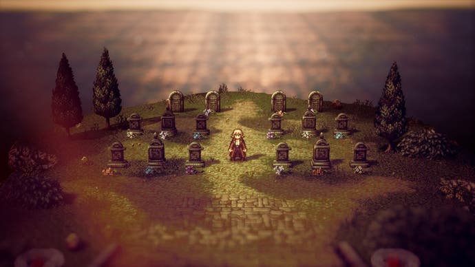 Octopath Traveller 2 - a man stands amongst tombstones on a high peak above the city