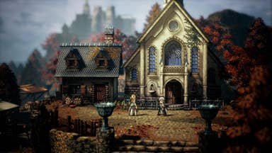 Octopath Traveller 2 - a man approaches a bishop outside of a small countryside church and cottage