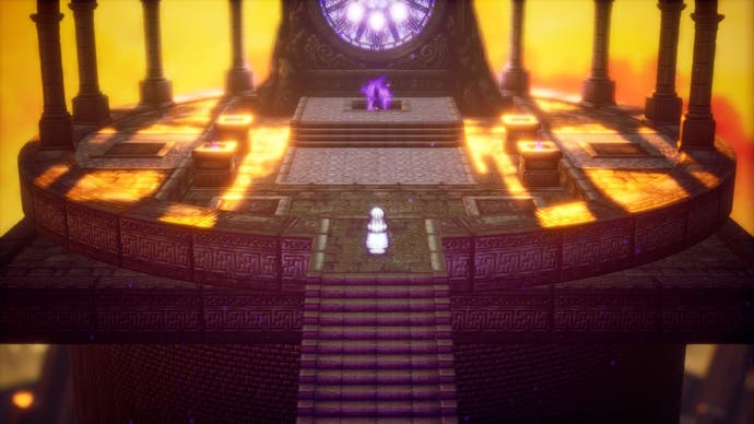Octopath Traveller 2 - a person with white hair approaches some kind of glowing purple crystal atop a lengthy staircase, with bright golden-yellow sky in the background