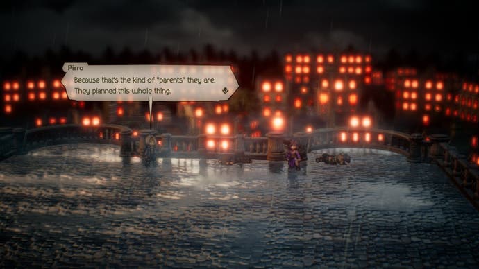 Octopath Traveller 2 - characters talk on a rain-soaked balcony at night in front of distant orange lights of a city