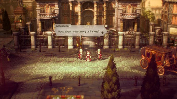 Octopath Traveller 2 - two guards make sexist remakrs to a female character outside an official building