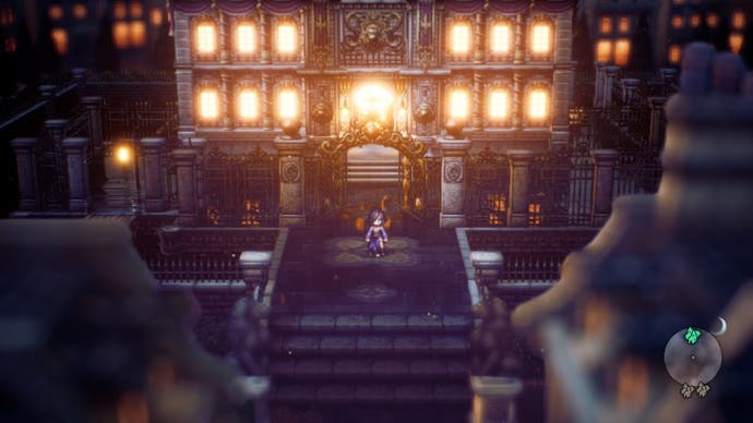 Octopath Traveller 2 - a character stood outside an ornate, and beautifully lit building at night