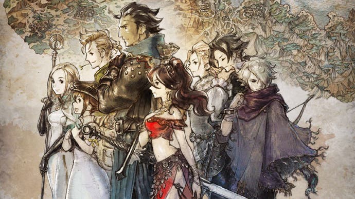 Octopath Traveler artwork featuring all hand-drawn eight characters