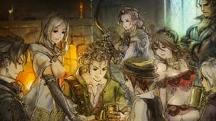 Illustrative art of the main cast of characters from Octopath Traveler. They are all sat in an inn, gathered around a table.