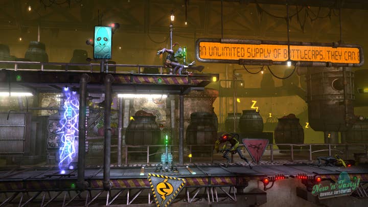 Oddworld: New 'N' Tasty screenshot showing Abe sneaking through his industrial workplace while his employer's armed sentries patrol the area