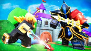 Official Sword Fighters Simulator artwork depicting a large Knight and a Hero holding swords as they battle each other.