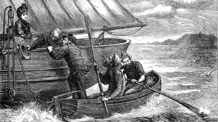An old illustration of several seamen on a lifeboat next to a larger ship.