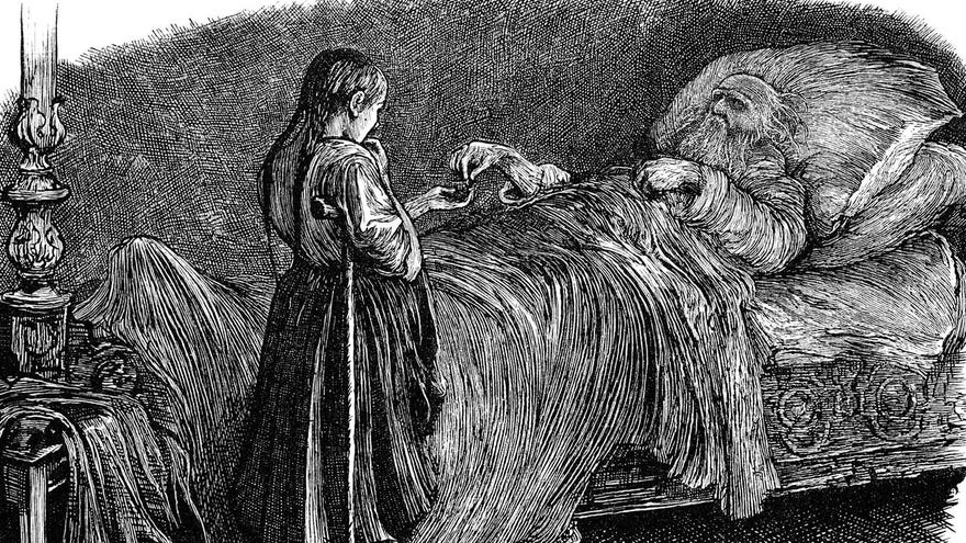 An old an sickly man is lying in bed and gives a coin to a little girl with a crutch.