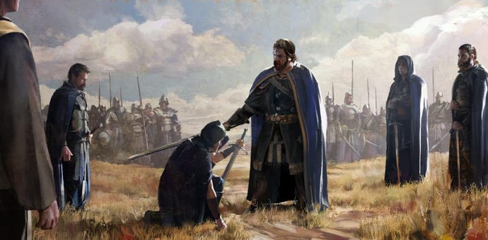 Artwork from Old World showing a king knighting a soldier in a field