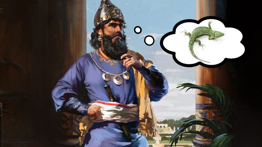 Artwork of a warlord thinking about a tuatara lizard in Old World