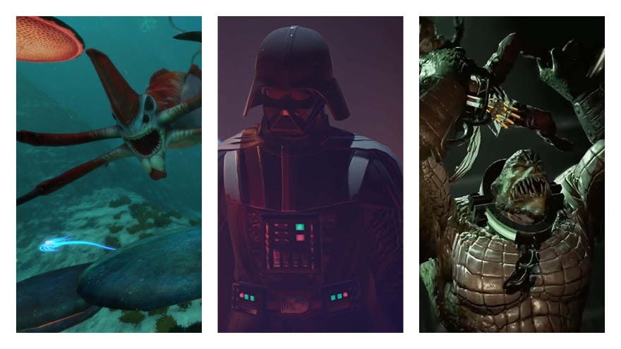 A composite image in thirds. Left to right: a hideous squid monster in subnautica, Darth Vader in Jed: Fallen Order, and Killer Croc in Batman: Arkham Asylum