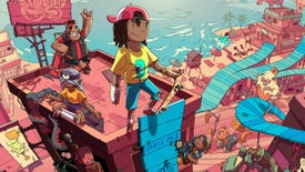 A skateboarder with her arm in a cast stands at the top of a perilous ramp atop a building in OlliOlli World's key art.