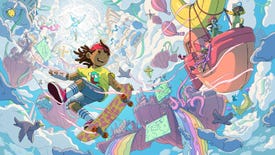 Key art for Finding The Flowzone, showing an OlliOlli World skateboarder riding a skateboard among the clouds and rainbow waterfalls.