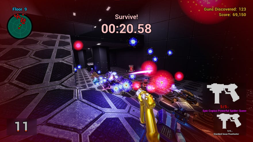 A screenshot of OMFG: One Million Fatal Guns showing a swarm of robots in a dull metal spaceship firing lasers at a first-person perspective player. The player is holding a golden gun called "Epic Copious Powerful Spider-Queen".