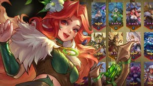 Artwork for mobile game Omniheroes showing a female character smiling, with cards for other characters in the background.