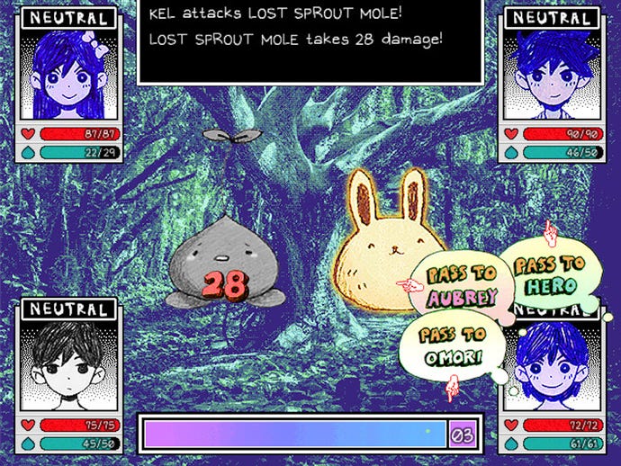 A first-person battle scene with four characters and two monsters in Omori