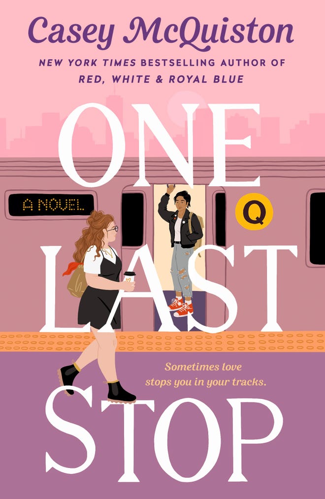 Cover of One Last Stop featuirng two women, one standing on the subway and one walking on the subway platform