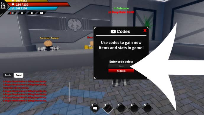 Arrow pointing at the codes menu in the Roblox game One Punch Hero.