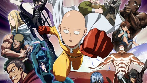 Artwork for the One Punch Man anime, with main character Saitama in the center.