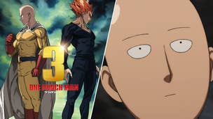 Saitama is stood back to back with Garou, his fist raised, the logo for One Punch Man with a 3 above it in front of them. A close-up of Saitama's face looking non-plussed about something.