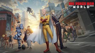 Anime artwork for the mobile game One Punch World showing a selection of characters including the protagonist Saitama.
