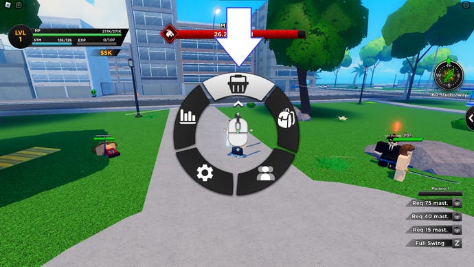 Screenshot from One Punch Ultimate in Roblox showing the game's menu wheel.