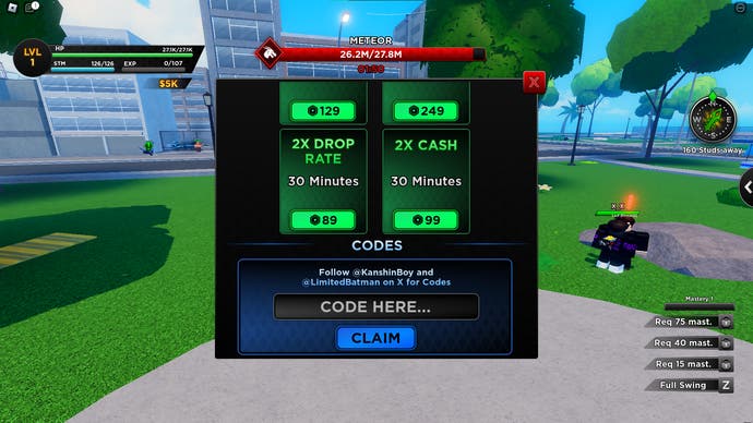 Screenshot of One Punch Ultimate in Roblox showing the game's codes menu.