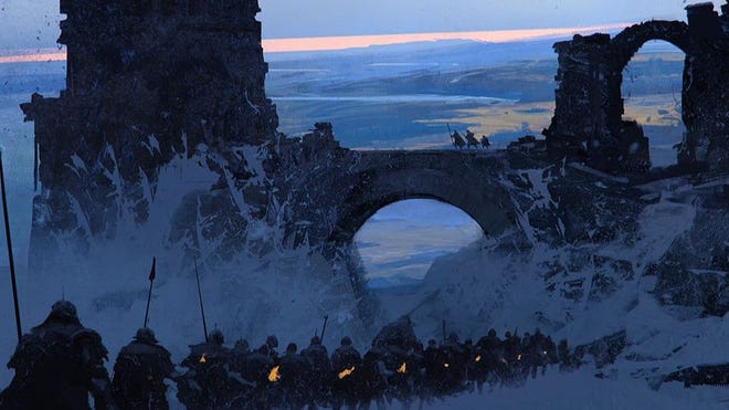 An image of artwork for The One Ring Roleplaying Game: Second Edition featuring a snowy pass.