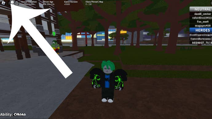 Arrow pointing at the chat button players need to press to redeem a code in Roblox game One Shot.