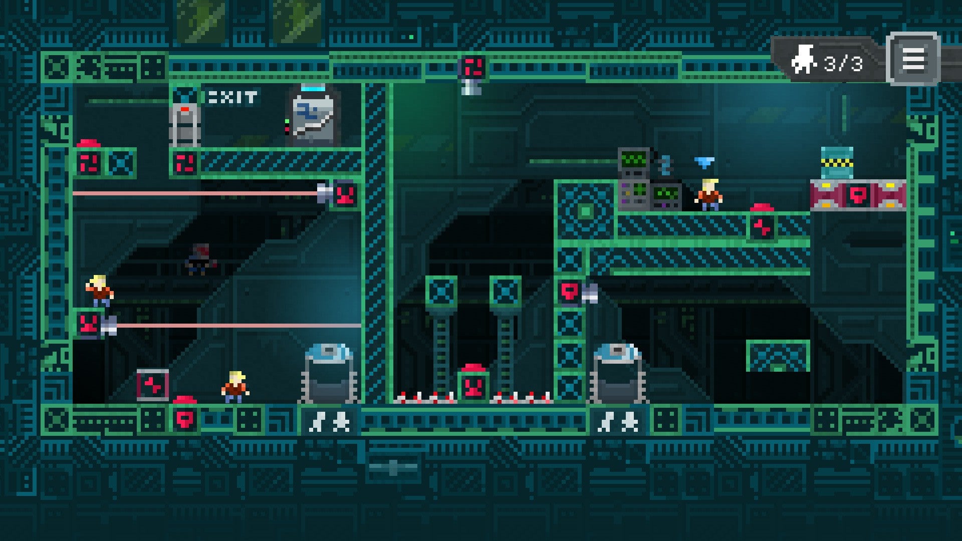 A level of One Many Nobody where the player has arranged three clones around the room to avoid the lasers blocking the exit
