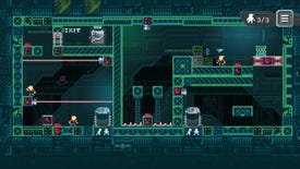 A level of One Many Nobody where the player has arranged three clones around the room to avoid the lasers blocking the exit