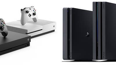 Pictures of the Xbox One X and the PS4 Pro alongside their less powerful predecessors