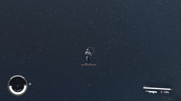 A Starfield character standing on a matt of onions in deep space, thanks to the magic of console commands.